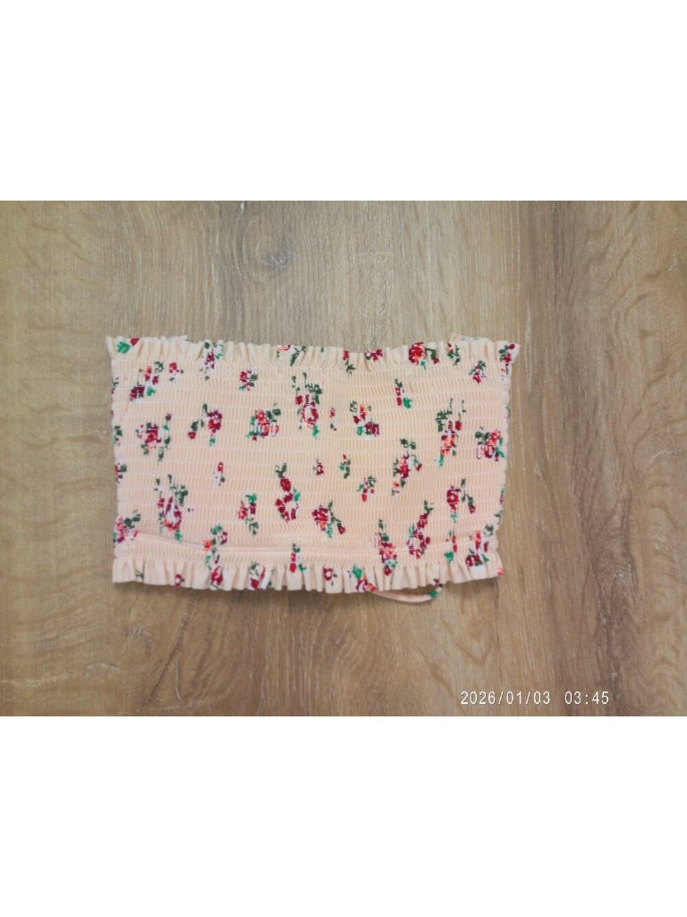 Floral Smocked Bandeau Bikini Top With Lace-Up Back And Ruffle Hem - Peach & Red